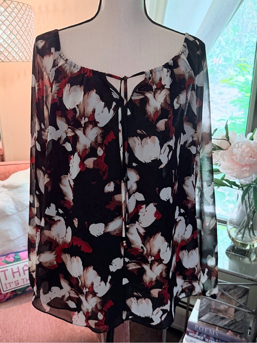 WHBM Floral Print Blouse in Black, White, Red Floral w/ Silver Bead Detail